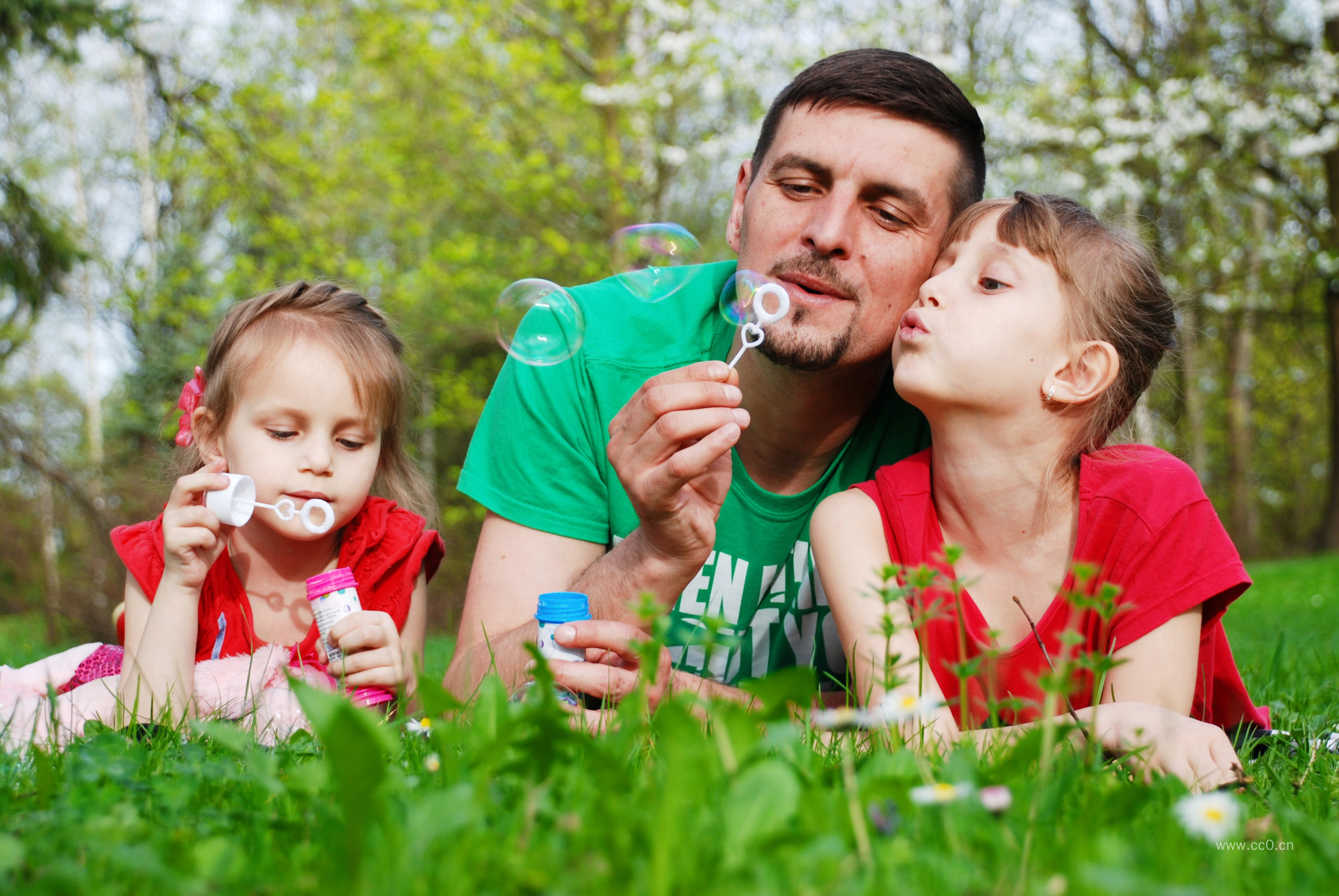 草地上父亲带着女儿吹泡泡的父爱图片