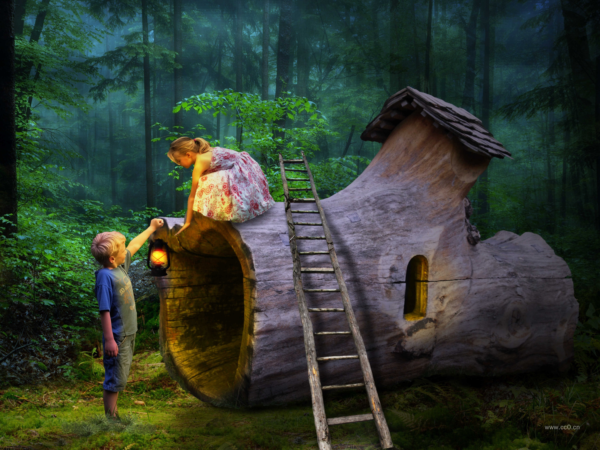森林童话树屋与男孩女孩人物