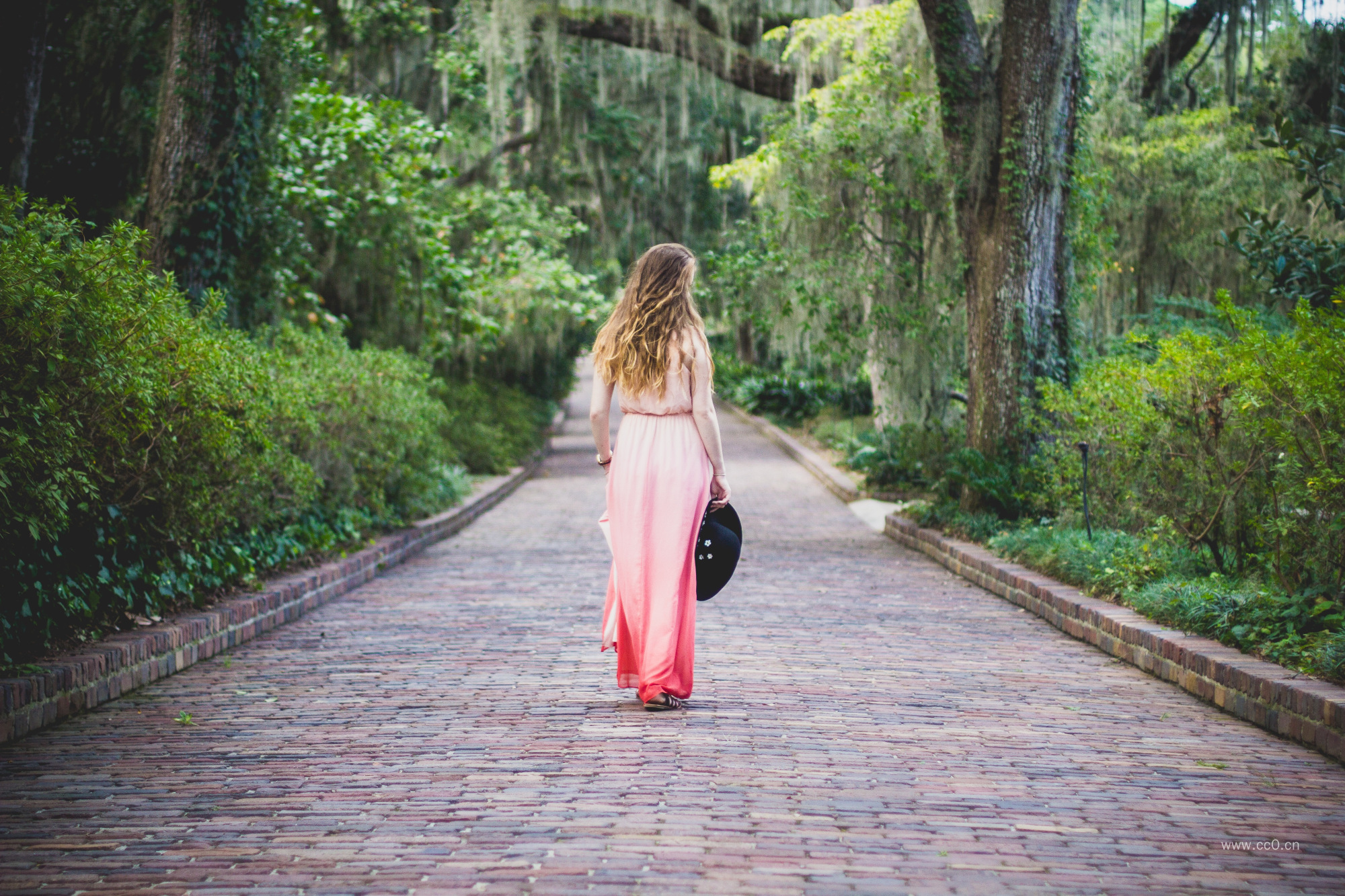 道路上行走的长发女生背影
