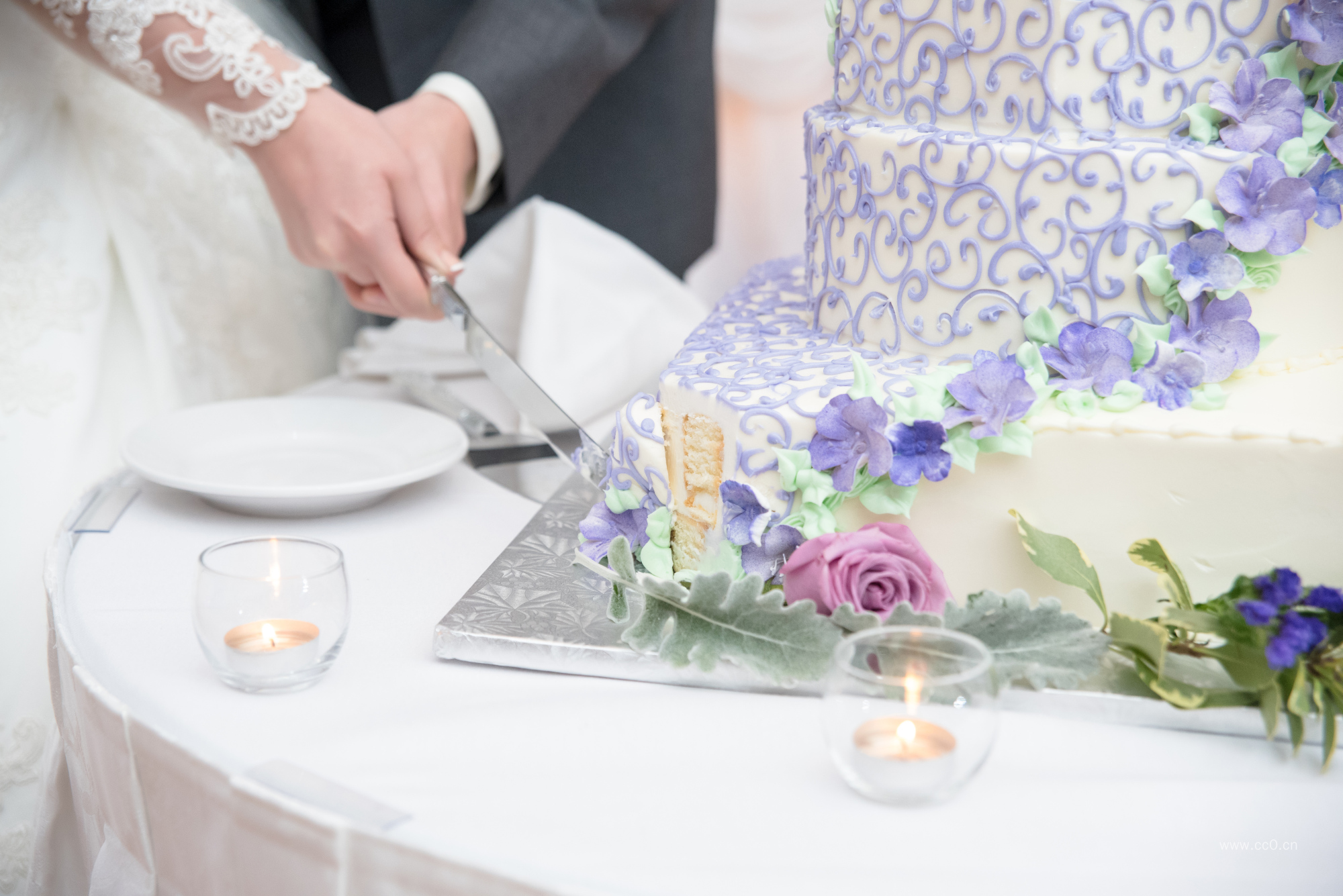 新娘新郎手握手切蛋糕的浪漫图片