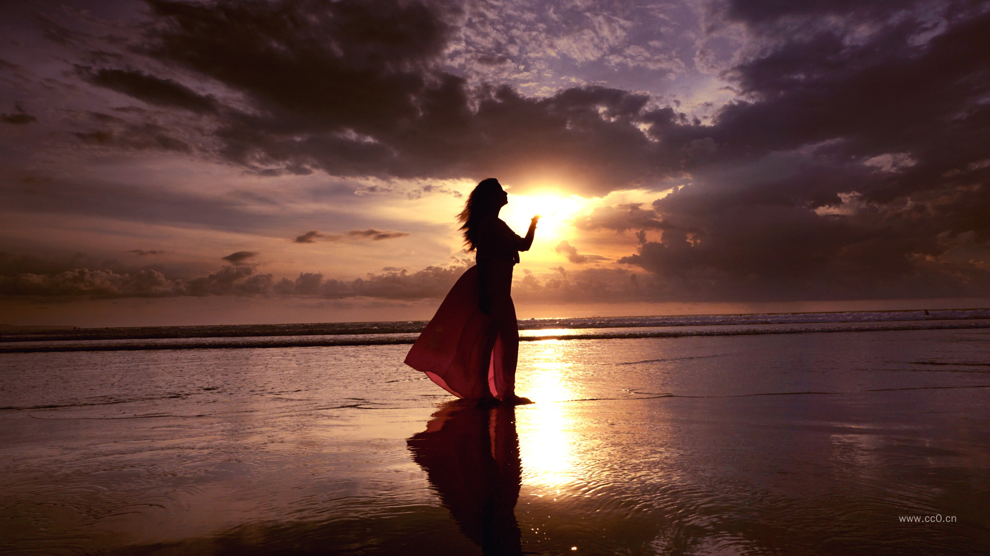 夕阳下海边的女性人物剪影