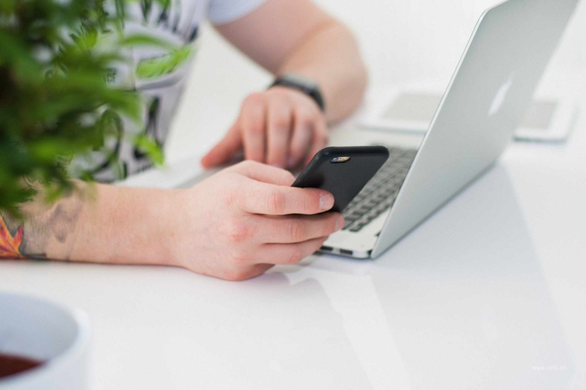 手拿着手机与笔记本电脑图片