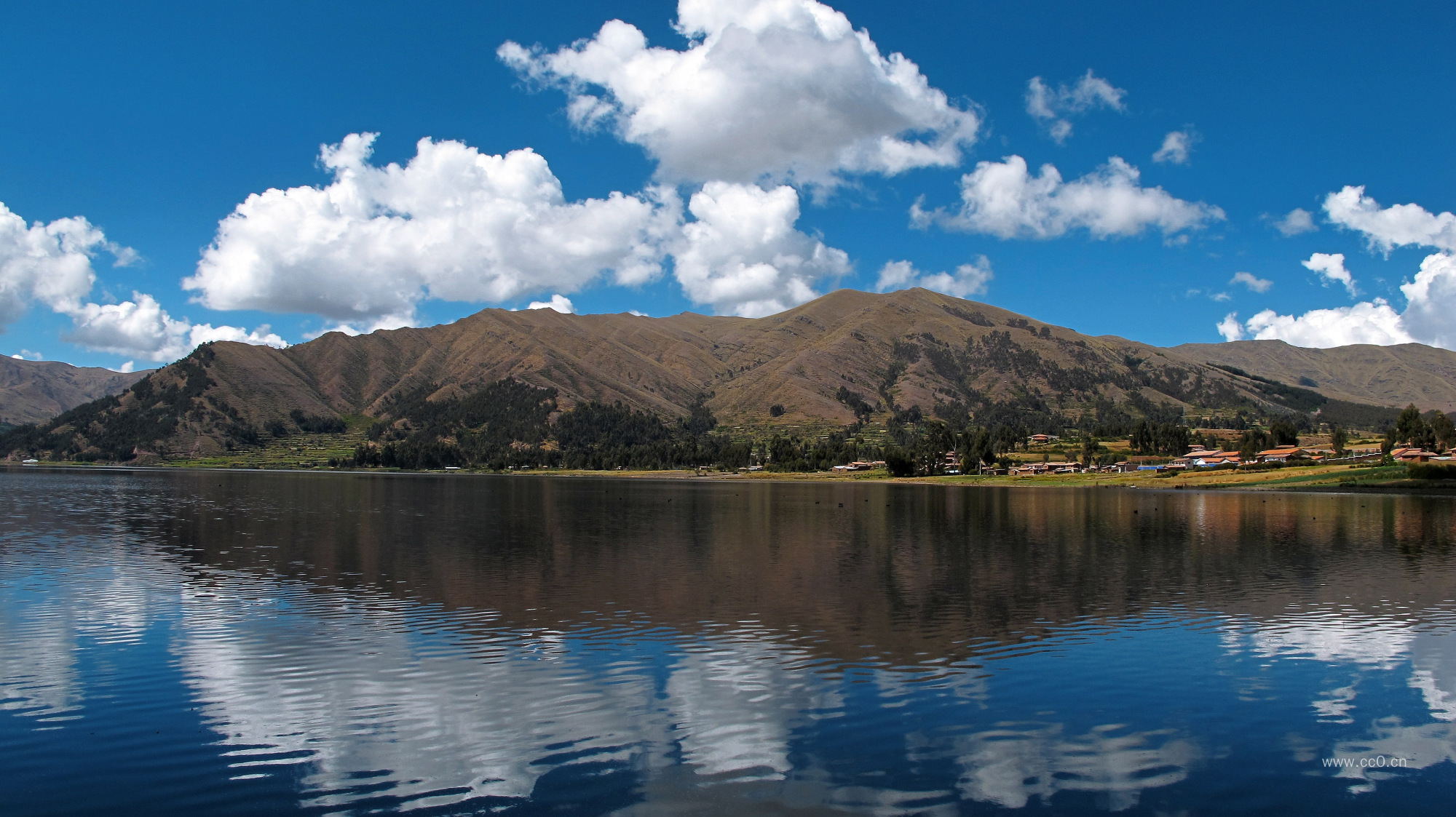 蓝天白云下的湖泊与山
