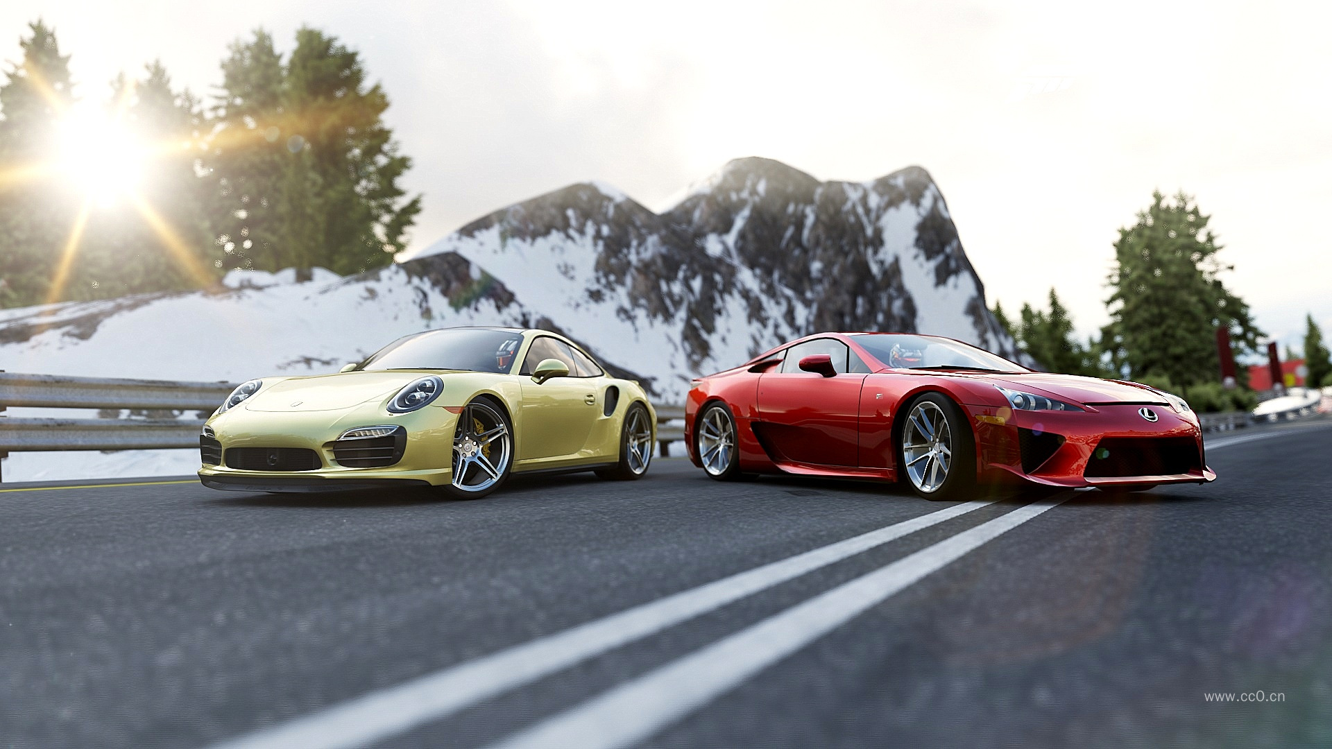 公路上的两辆豪华轿跑汽车图片