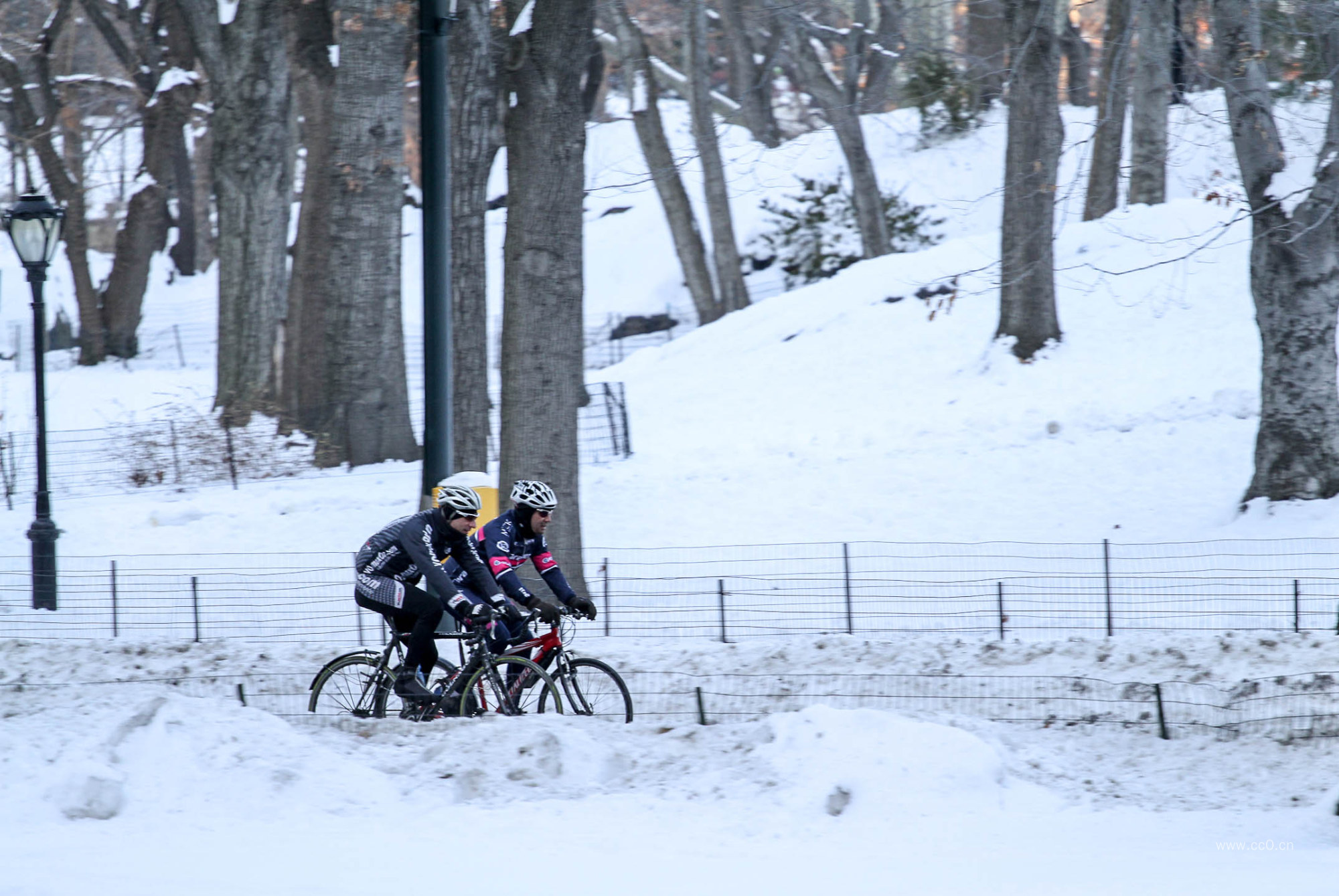 冬天骑自行车的运动人物