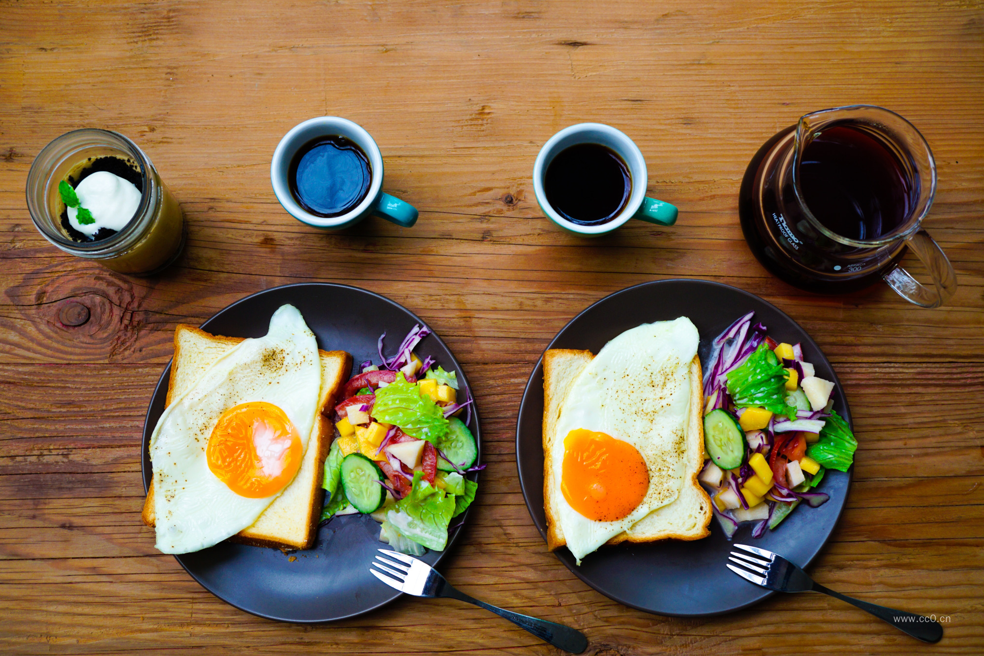 盘子里的面包鸡蛋与咖啡早餐图片